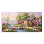 Spring Riverside Cottage Cherry Blossom and Wisteria Painting by Veve acrylic glass wall art