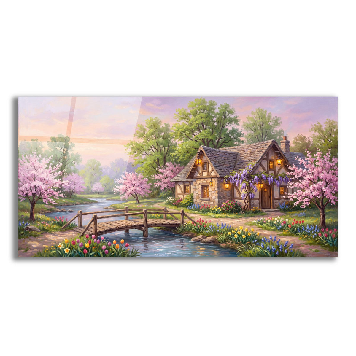 Spring Riverside Cottage Cherry Blossom and Wisteria Painting by Veve acrylic glass wall art