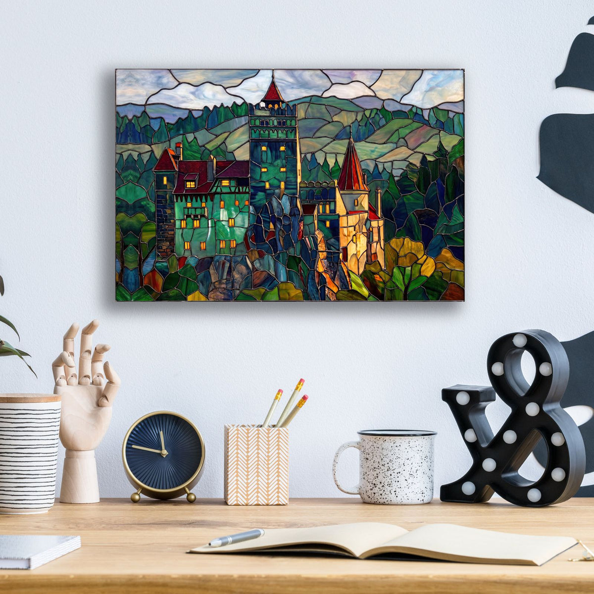 Stained Glass Style Bran Castle III by Veve - 16x12 acrylic wall art in a room