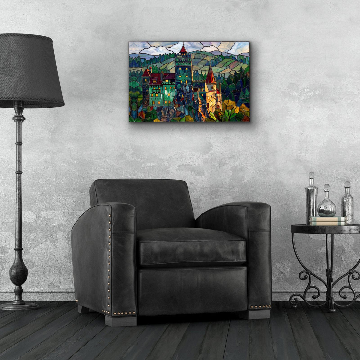 Stained Glass Style Bran Castle III by Veve - 24x16 acrylic wall art in a room
