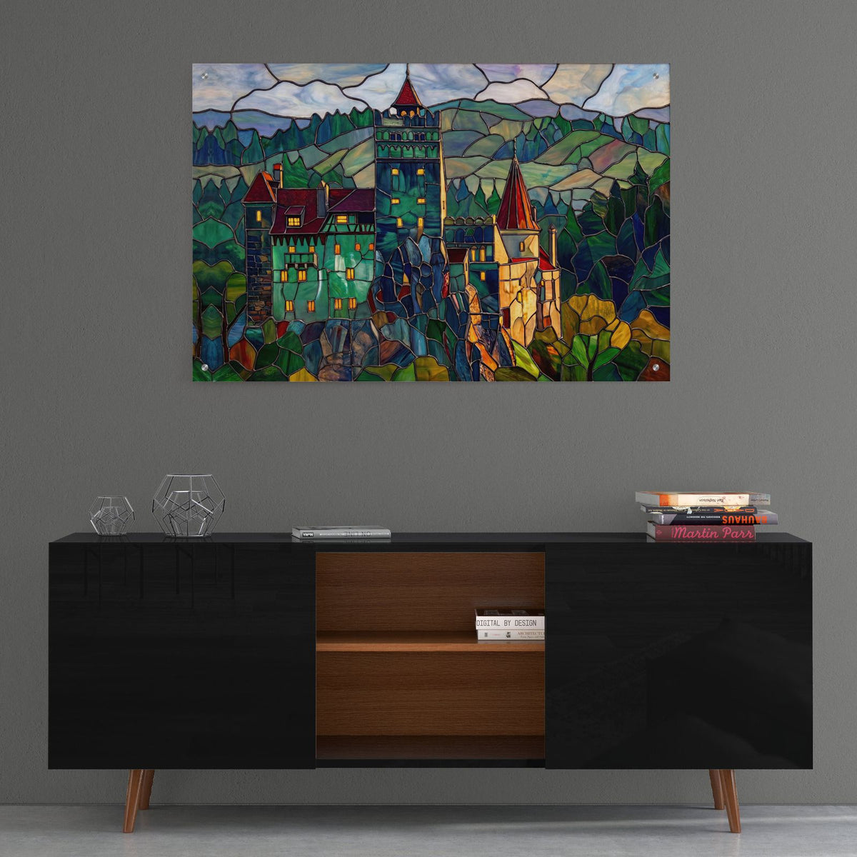 Stained Glass Style Bran Castle III by Veve - 36x24 acrylic wall art in a room