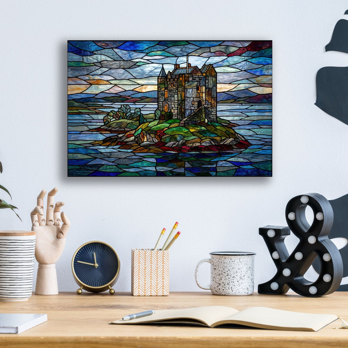 Stained Glass Style Castle Stalker I by Veve - 16x12 acrylic wall art in a room