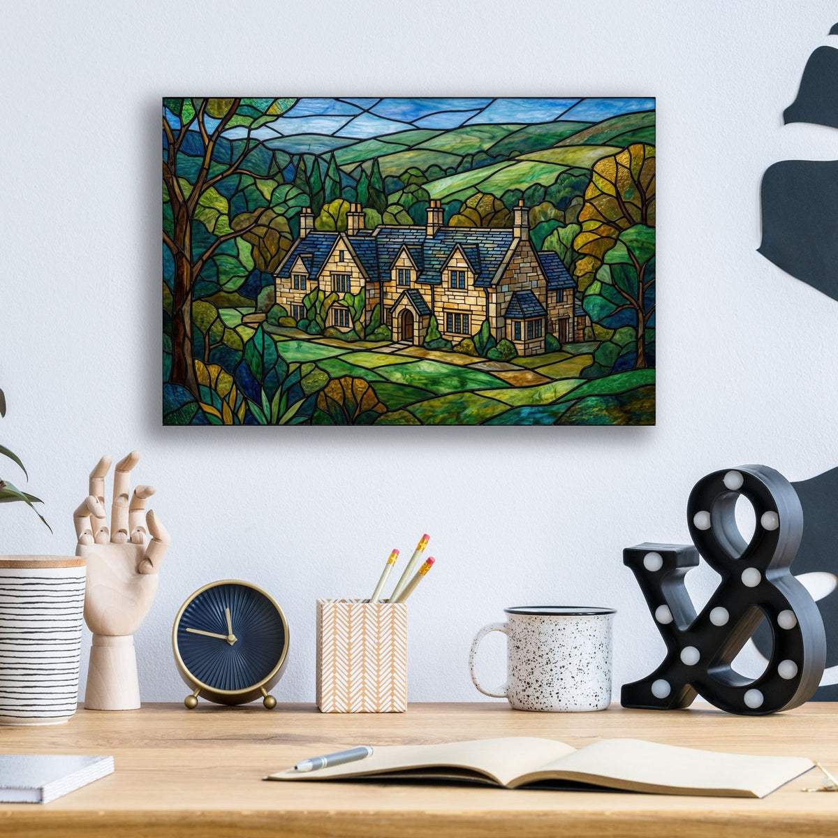 Stained Glass Style Castle-Combe Manor by Veve - 16x12 acrylic wall art in a room