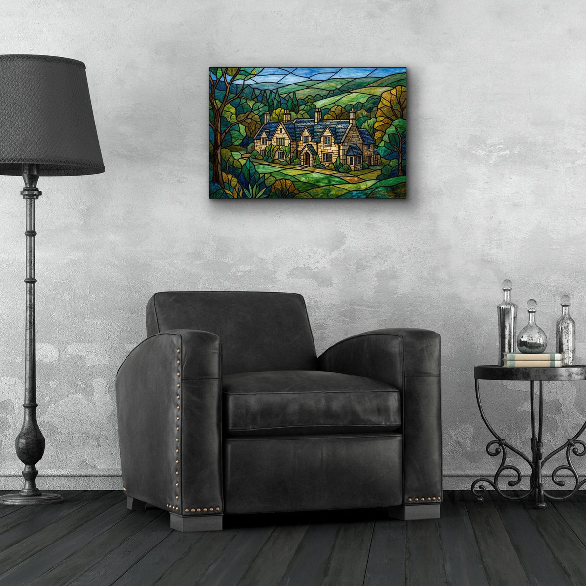 Stained Glass Style Castle-Combe Manor by Veve - 24x16 acrylic wall art in a room