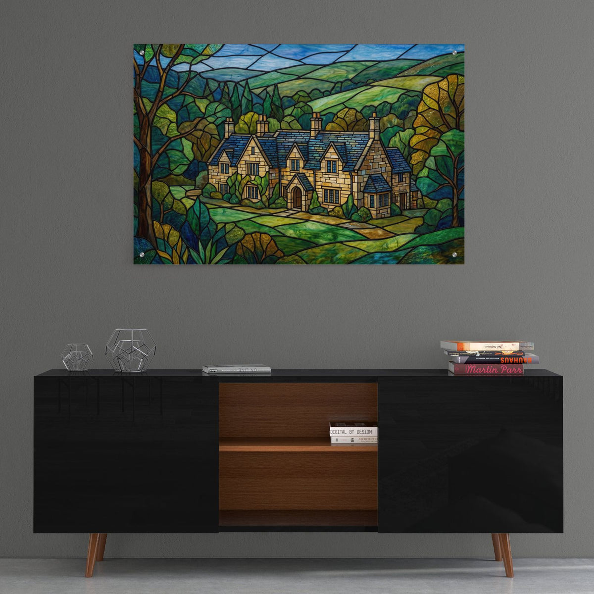 Stained Glass Style Castle-Combe Manor by Veve - 36x24 acrylic wall art in a room
