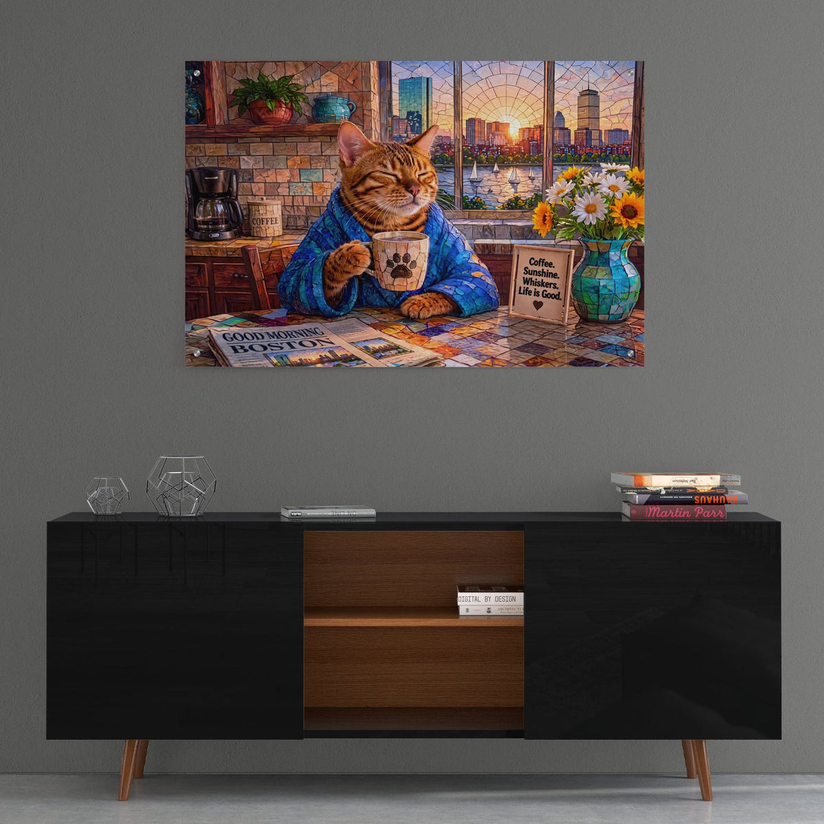 Stained Glass Style Cat Morning Boston by Veve - 36x24 acrylic wall art in a room