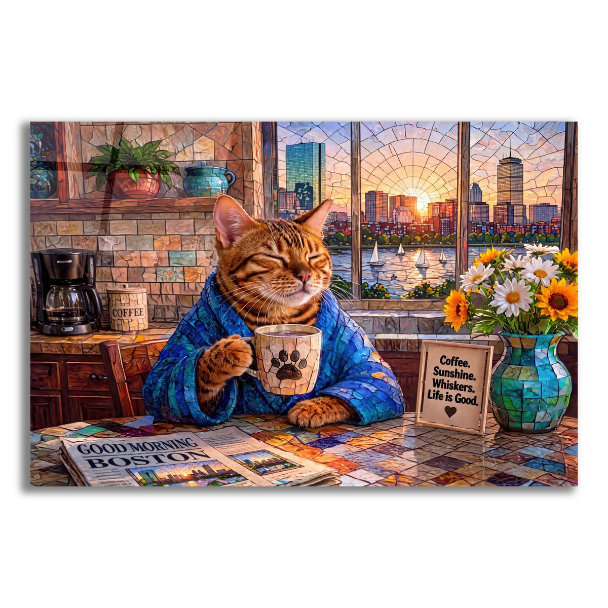 Stained Glass Style Cat Morning Boston by Veve acrylic glass wall art