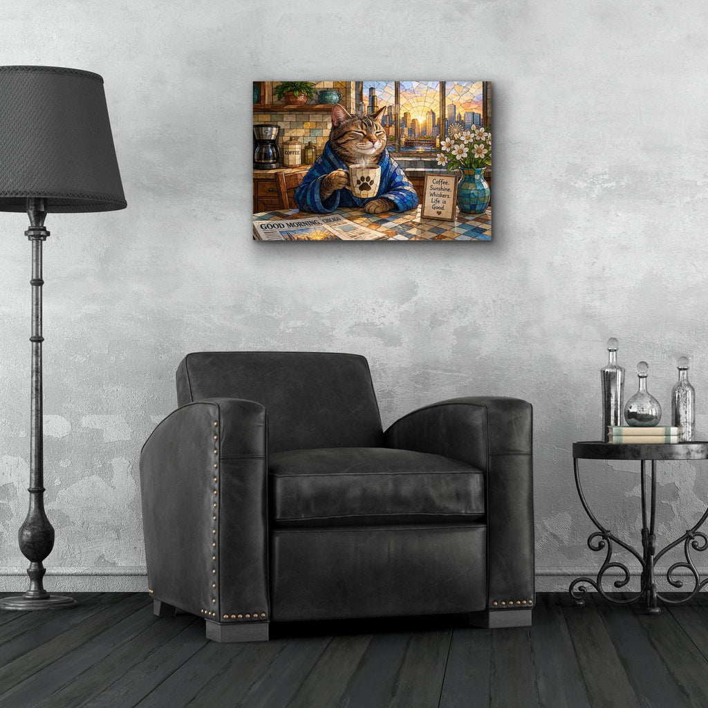 Stained Glass Style Cat Morning CHICAGO I by Veve - 24x16 acrylic wall art in a room