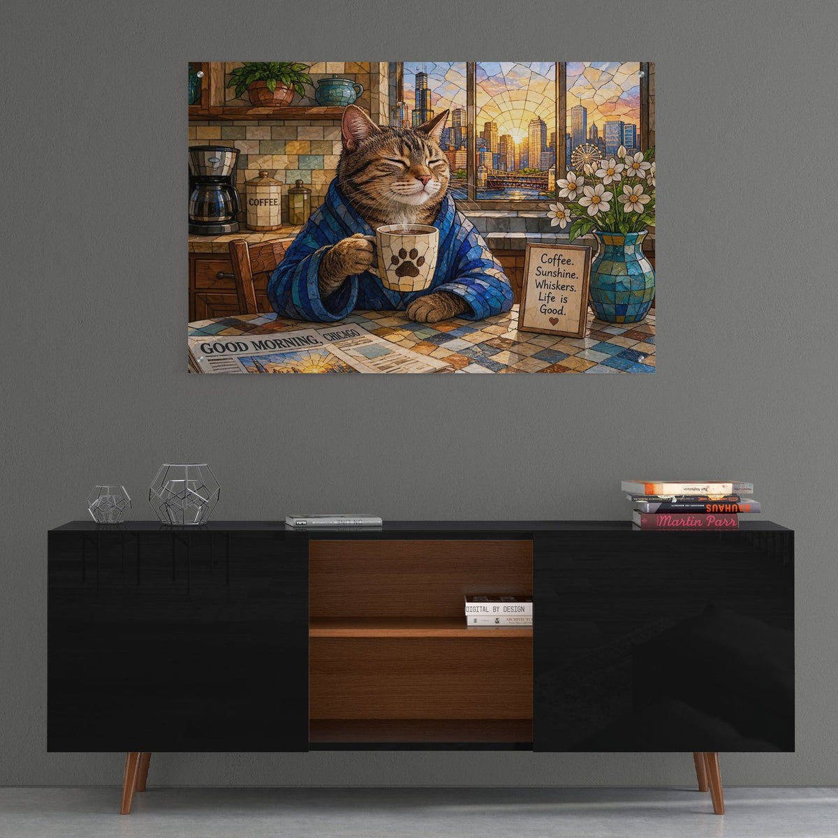Stained Glass Style Cat Morning CHICAGO I by Veve - 36x24 acrylic wall art in a room