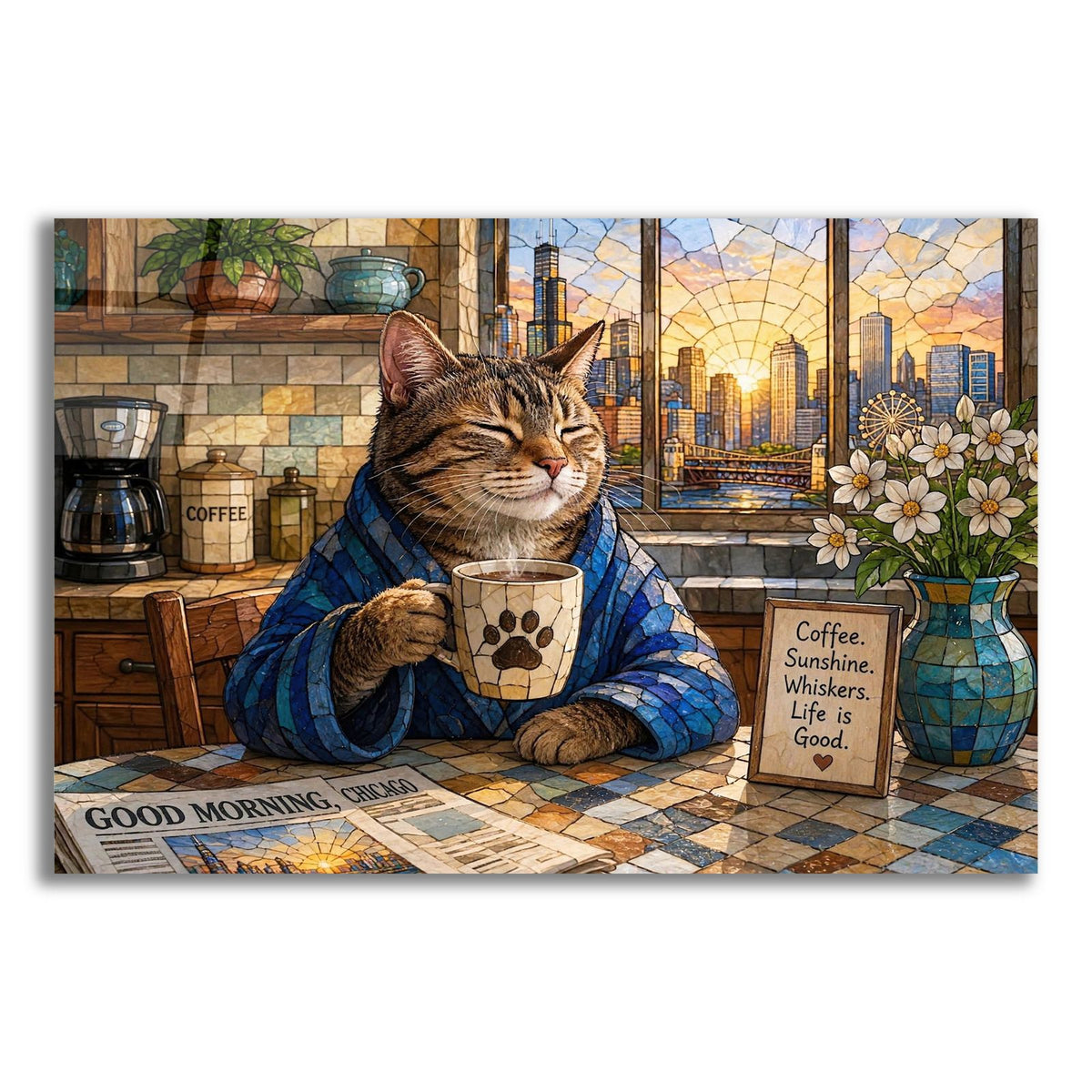 Stained Glass Style Cat Morning CHICAGO I by Veve acrylic glass wall art