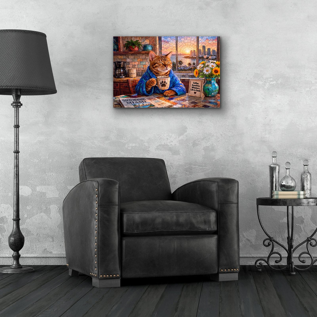 Stained Glass Style Cat Morning Miami by Veve - 24x16 acrylic wall art in a room