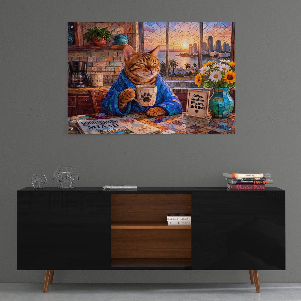 Stained Glass Style Cat Morning Miami by Veve - 36x24 acrylic wall art in a room