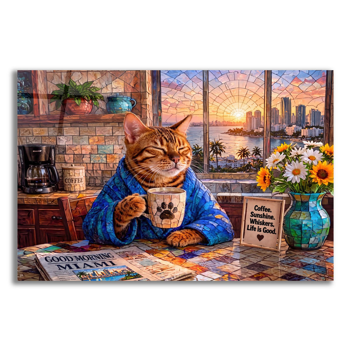 Stained Glass Style Cat Morning Miami by Veve acrylic glass wall art