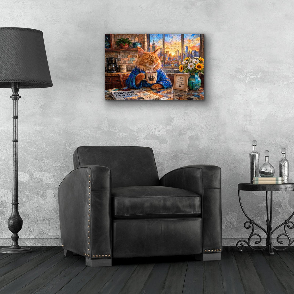 Stained Glass Style Cat Morning NY by Veve - 24x16 acrylic wall art in a room