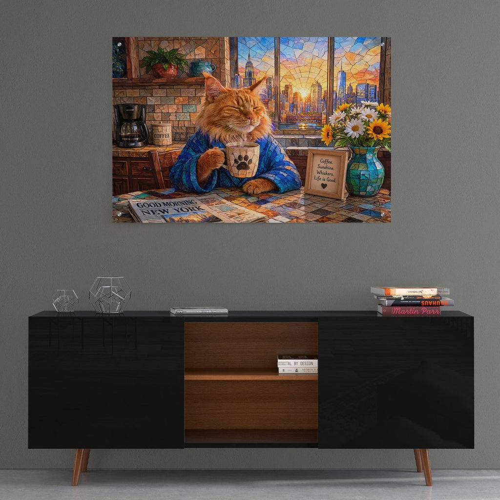 Stained Glass Style Cat Morning NY by Veve - 36x24 acrylic wall art in a room