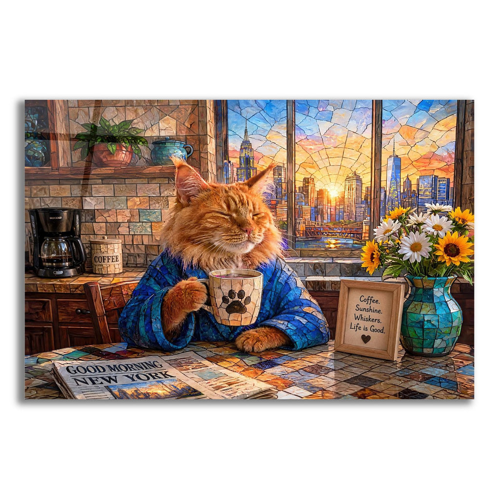 Stained Glass Style Cat Morning NY by Veve acrylic glass wall art