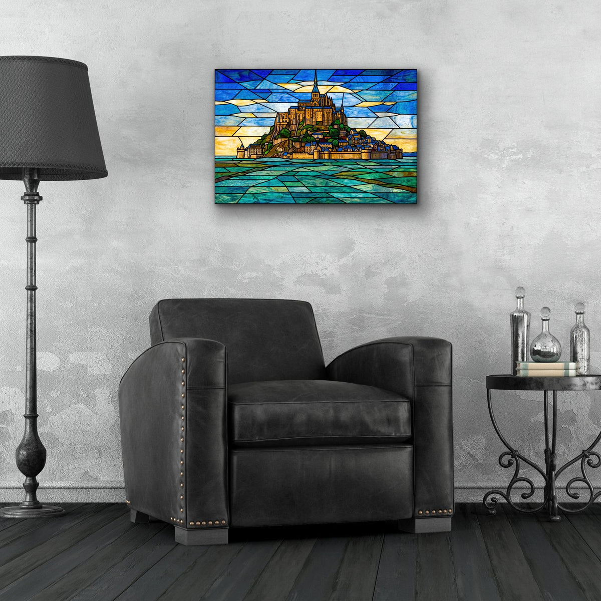 Stained Glass Style Mont-Saint Michel II by Veve - 24x16 acrylic wall art in a room