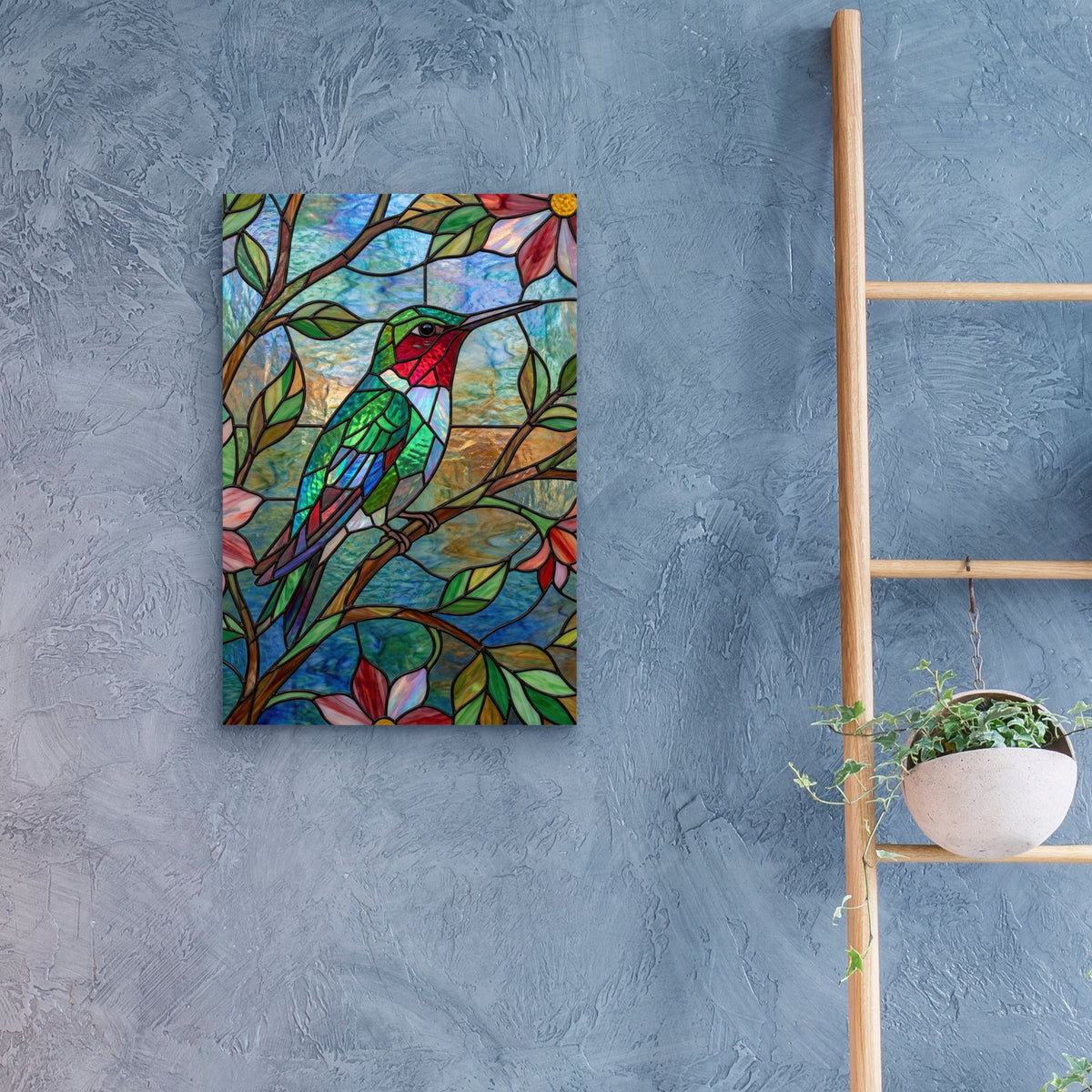 Stained Glass Style Ruby Throated Hummingbird by Veve - 16x24 acrylic wall art in a room