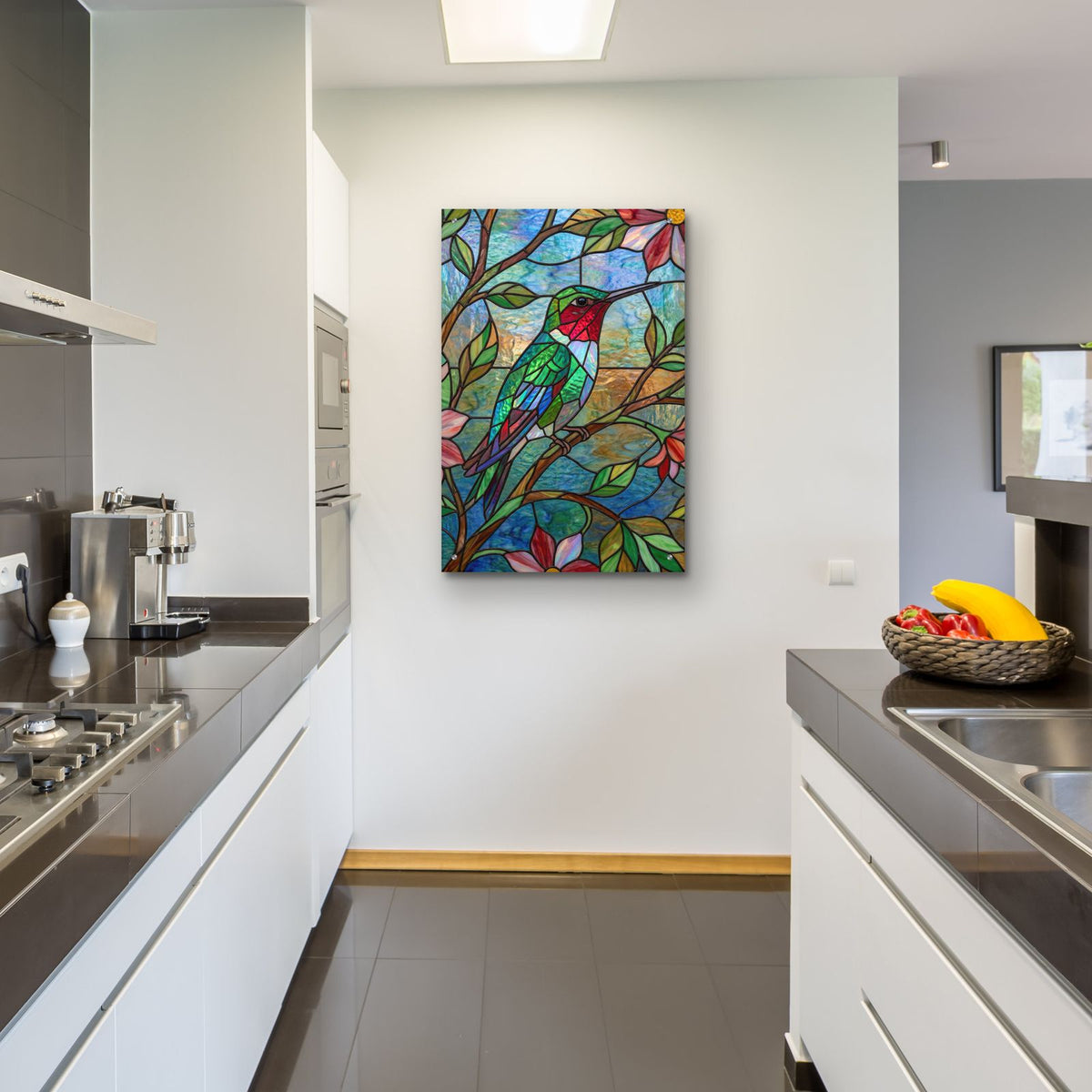 Stained Glass Style Ruby Throated Hummingbird by Veve - 24x36 acrylic wall art in a room