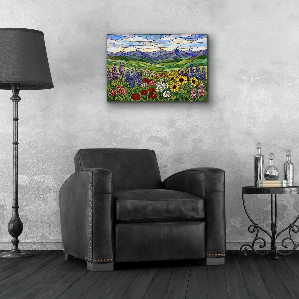 Stained Glass Style Wildflower Mountain Meadow by Veve - 24x16 acrylic wall art in a room