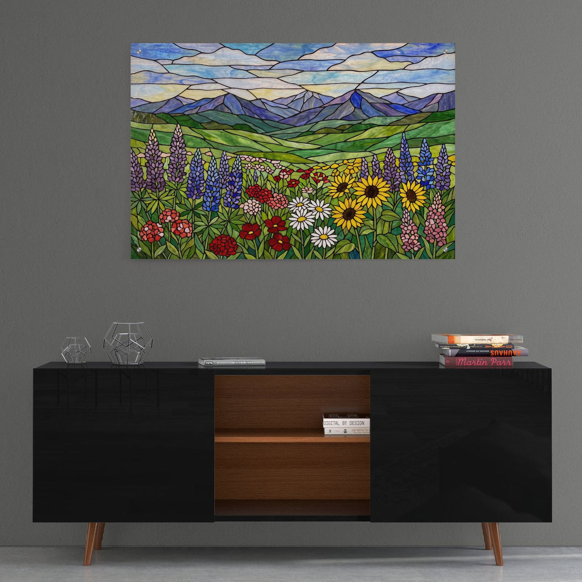 Stained Glass Style Wildflower Mountain Meadow by Veve - 36x24 acrylic wall art in a room