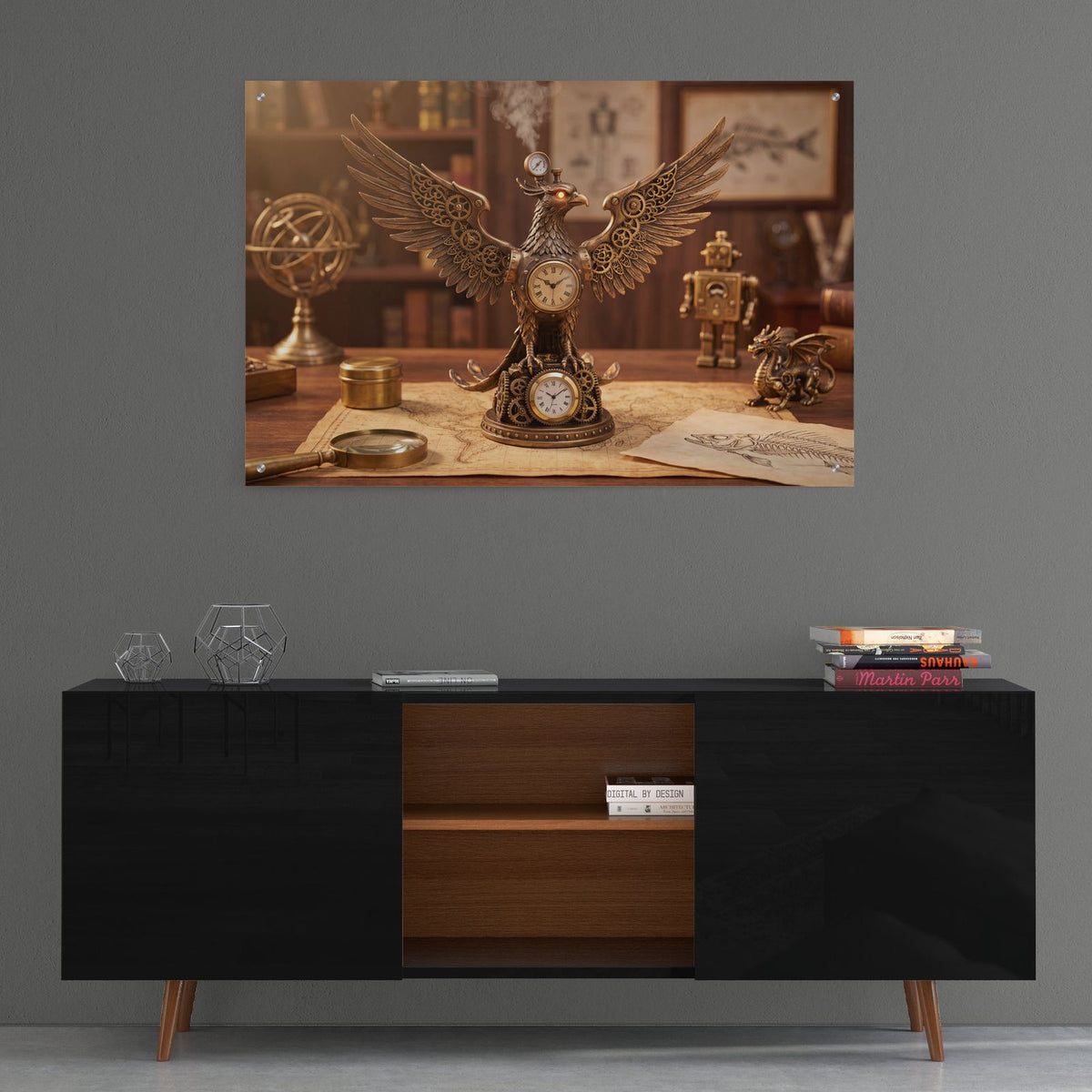 Steampunk Eagle Chronos Double Clock by Veve - 36x24 acrylic wall art in a room