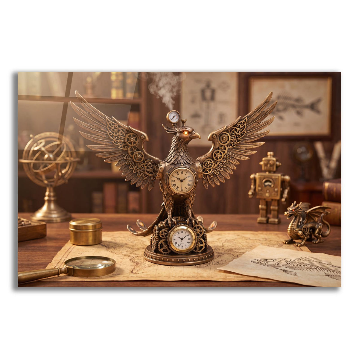 Steampunk Eagle Chronos Double Clock by Veve acrylic glass wall art