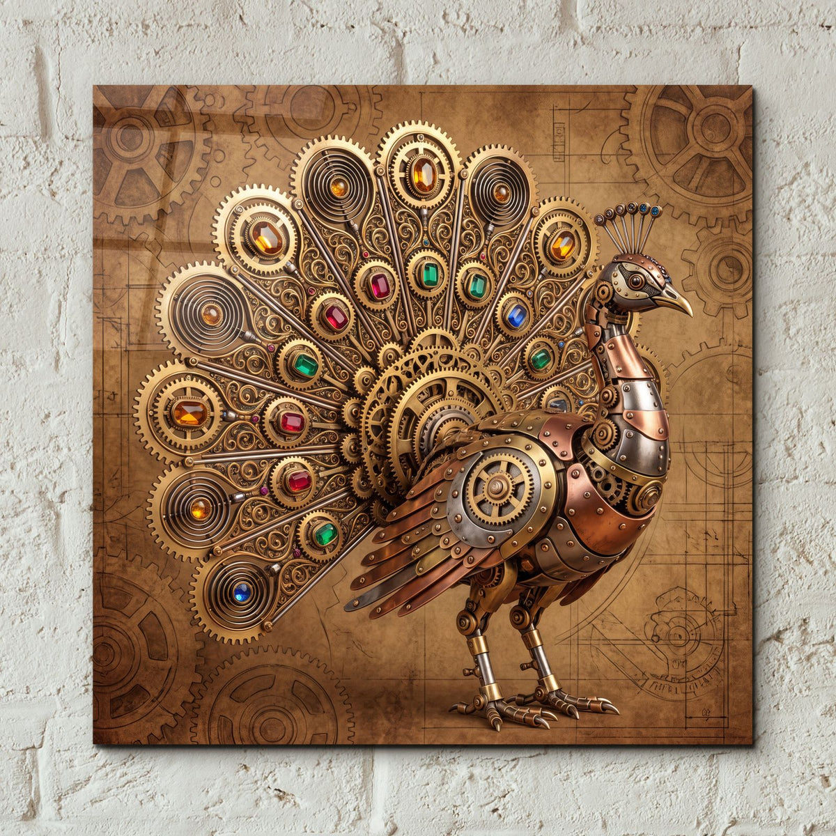 Steampunk Peacock Jeweled Blueprint by Veve - 12x12 acrylic wall art in a room
