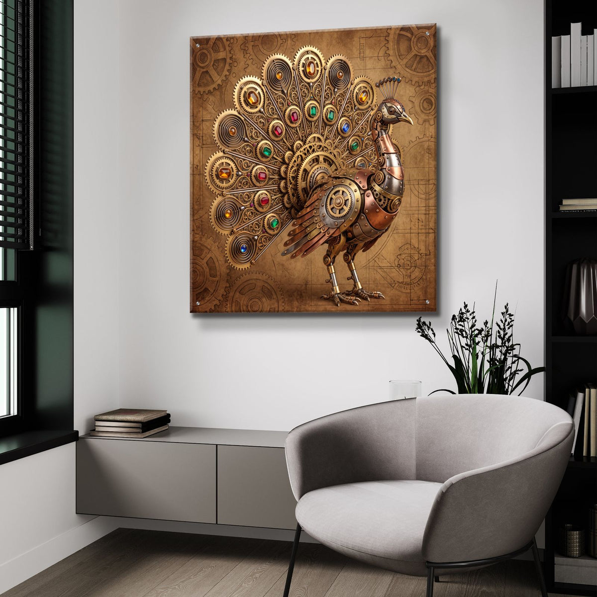 Steampunk Peacock Jeweled Blueprint by Veve - 36x36 acrylic wall art in a room