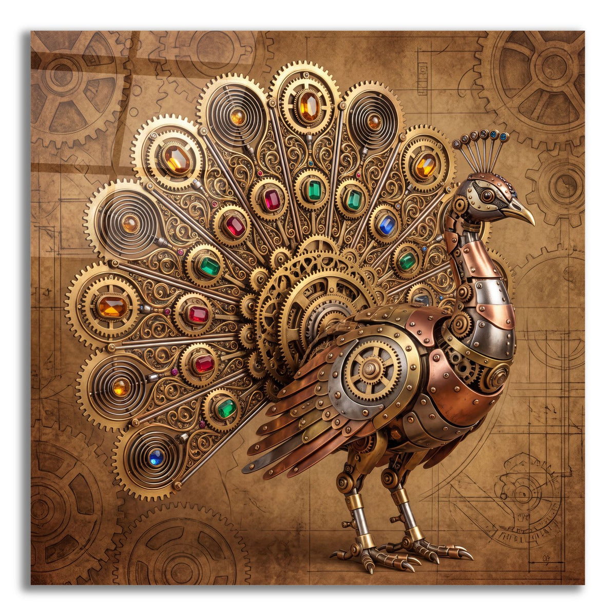 Steampunk Peacock Jeweled Blueprint by Veve acrylic glass wall art