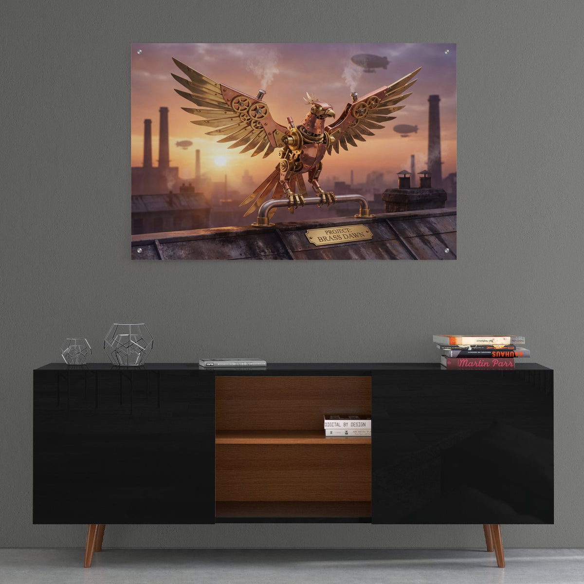 Steampunk Phoenix Brass Dawn by Veve - 36x24 acrylic wall art in a room