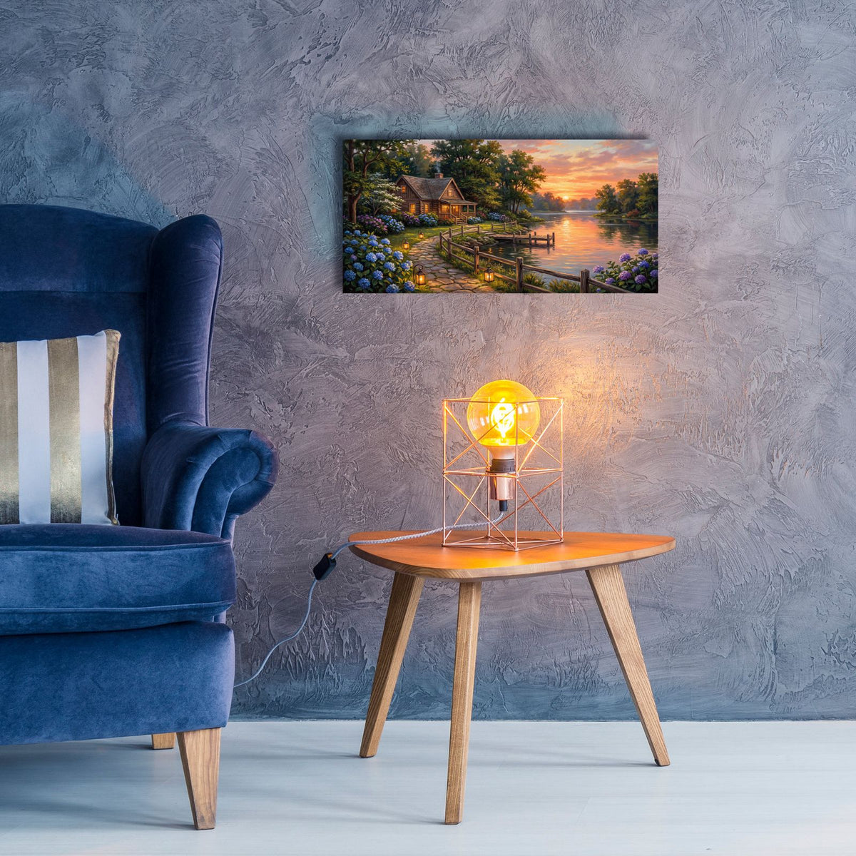 Summer Lake House Sunset Golden Lakeside Landscape by Veve - 24x12 acrylic wall art in a room