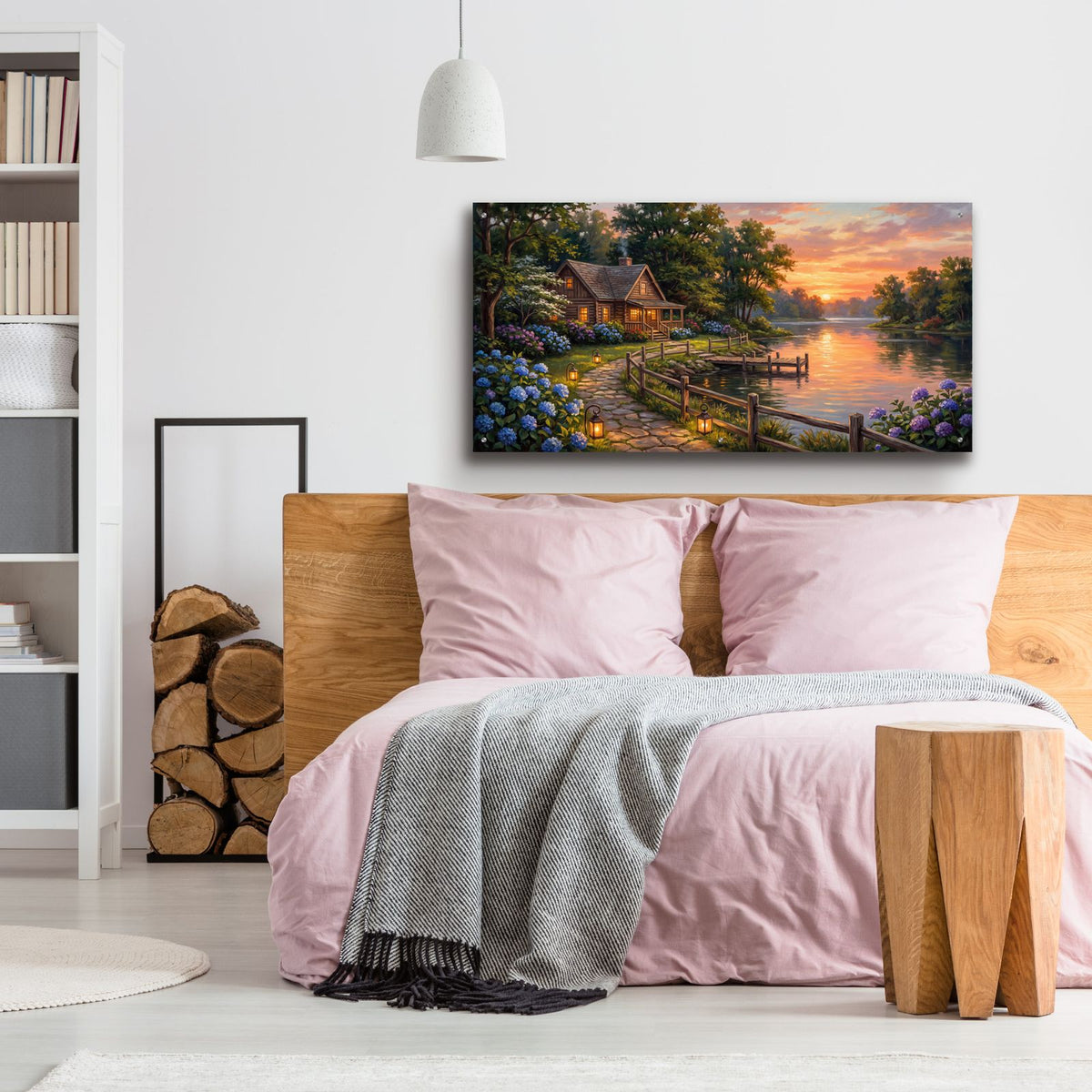 Summer Lake House Sunset Golden Lakeside Landscape by Veve - 48x24 acrylic wall art in a room