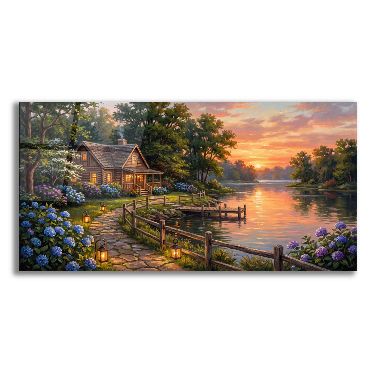 Summer Lake House Sunset Golden Lakeside Landscape by Veve acrylic glass wall art