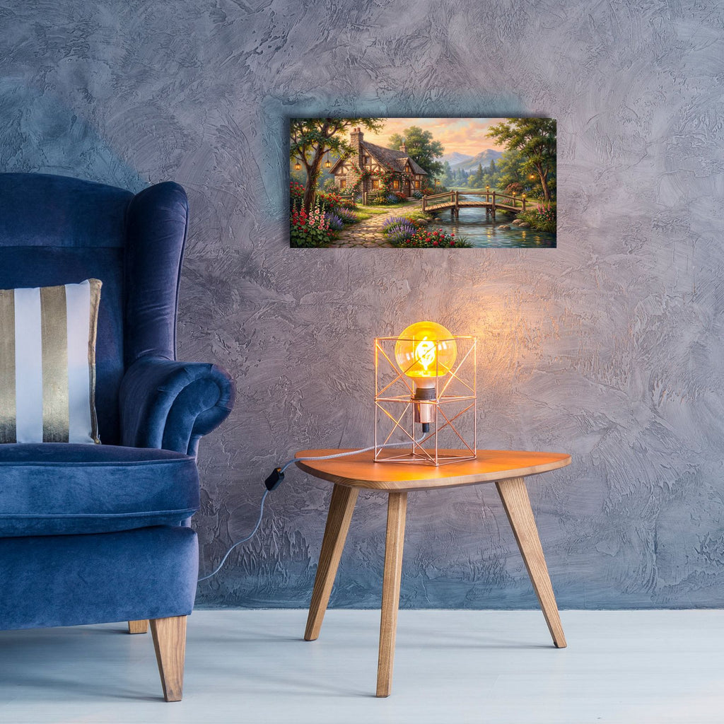 Summer Riverside Cottage Romantic Country Landscape by Veve - 24x12 acrylic wall art in a room
