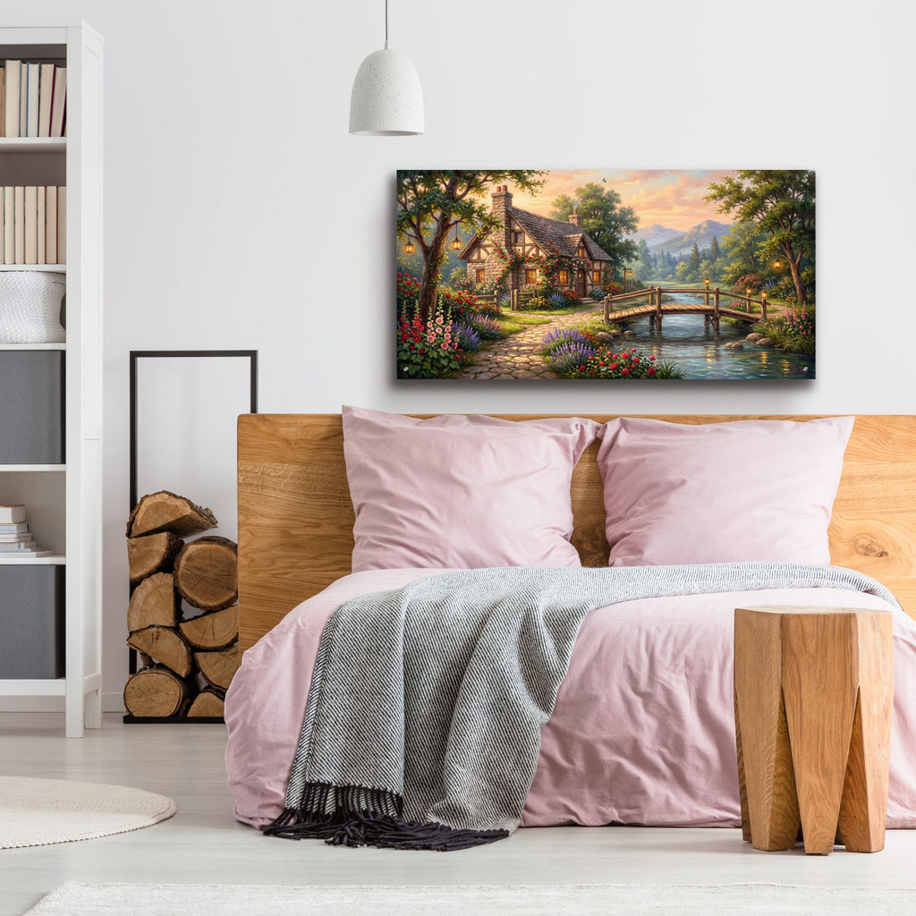 Summer Riverside Cottage Romantic Country Landscape by Veve - 48x24 acrylic wall art in a room