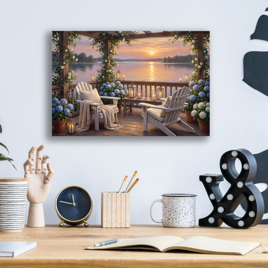 Summer Sunset Lake Porch White Adirondacks by Veve - 16x12 acrylic wall art in a room