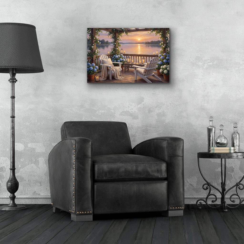 Summer Sunset Lake Porch White Adirondacks by Veve - 24x16 acrylic wall art in a room