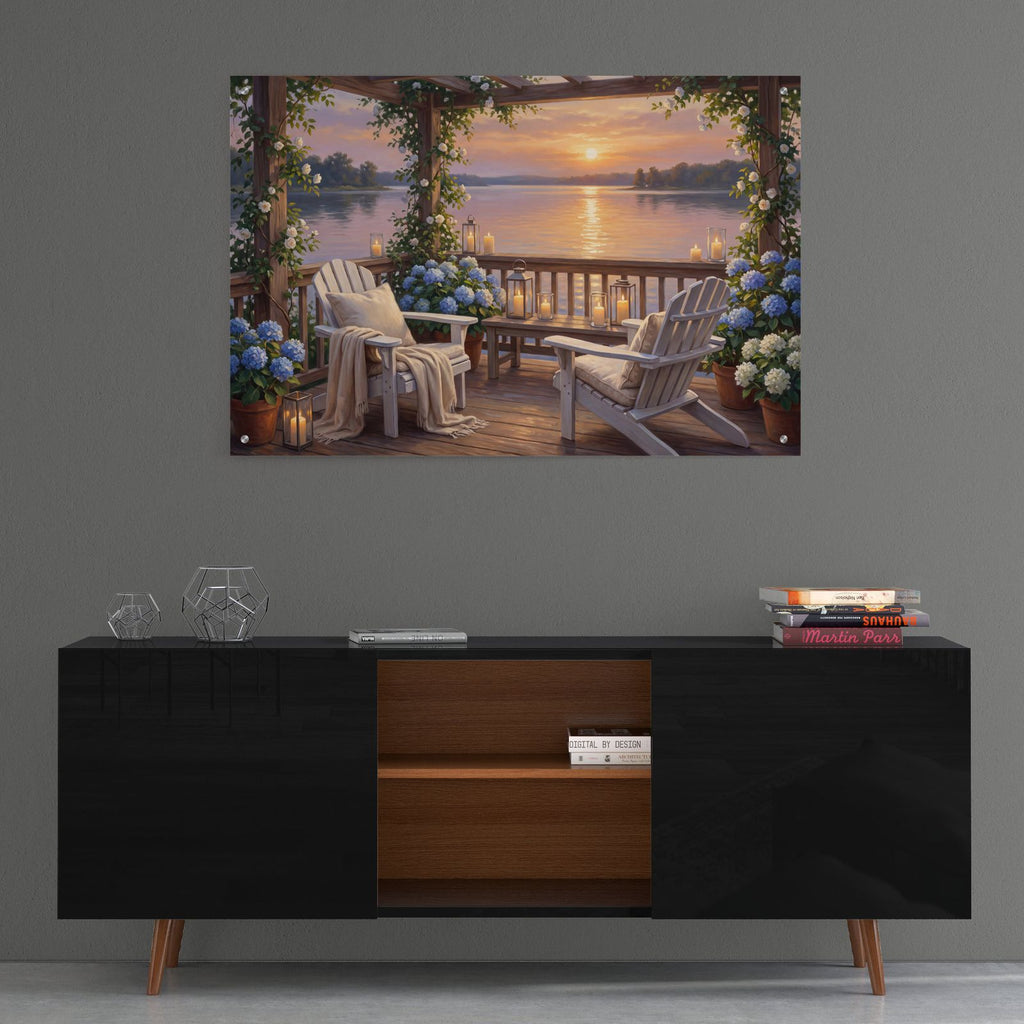 Summer Sunset Lake Porch White Adirondacks by Veve - 36x24 acrylic wall art in a room