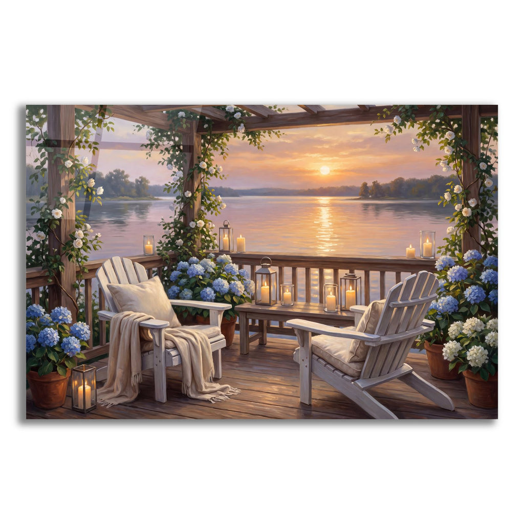 Summer Sunset Lake Porch White Adirondacks by Veve acrylic glass wall art