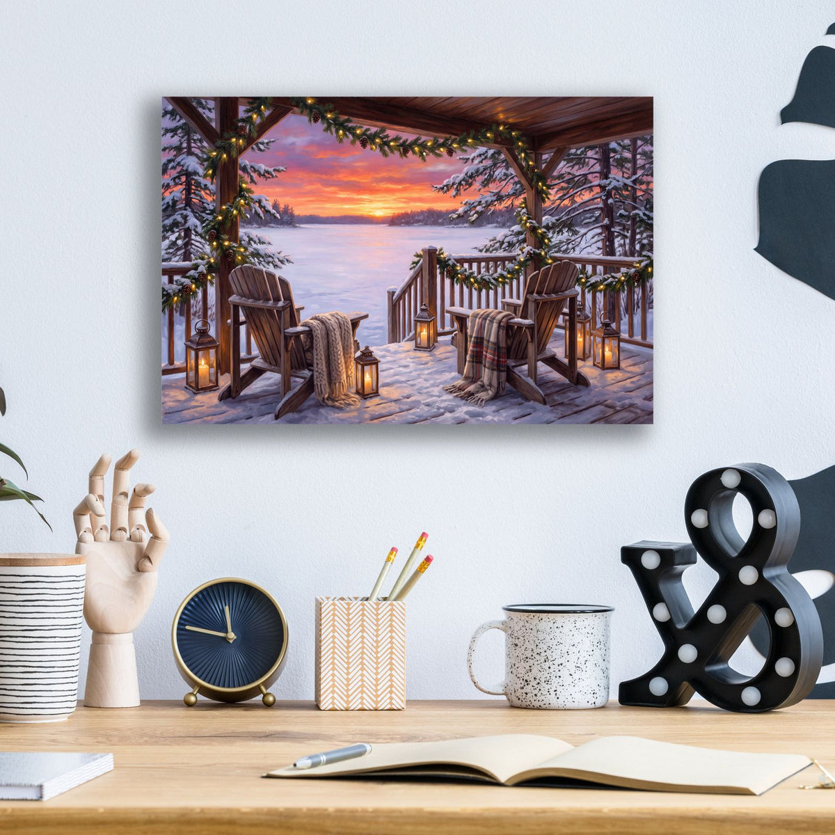Winter Cabin Garland Lights Icy Lake Sunset by Veve - 16x12 acrylic wall art in a room