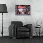 Winter Cabin Garland Lights Icy Lake Sunset by Veve - 24x16 acrylic wall art in a room