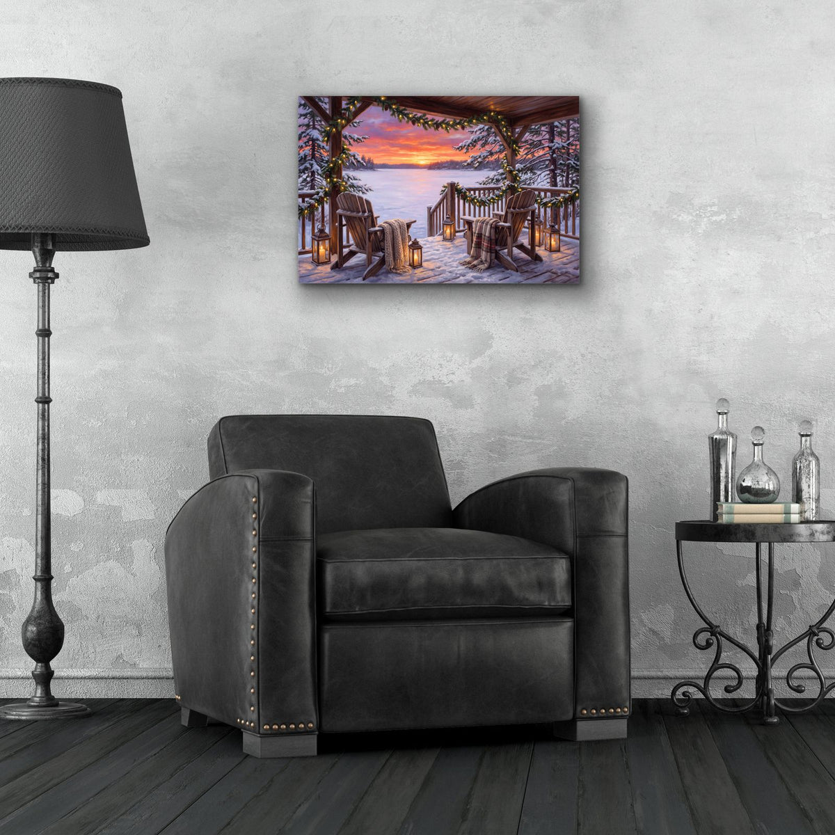 Winter Cabin Garland Lights Icy Lake Sunset by Veve - 24x16 acrylic wall art in a room
