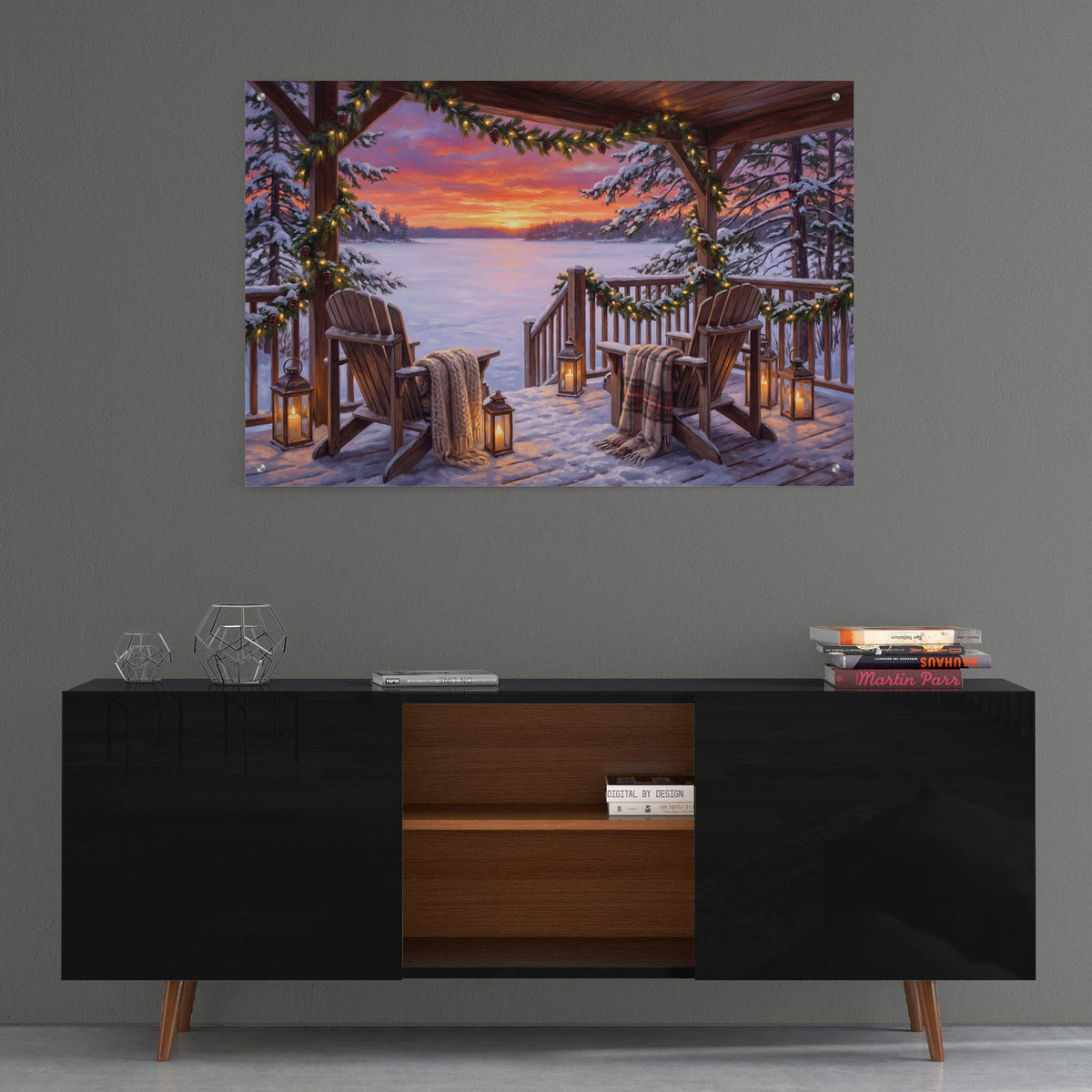 Winter Cabin Garland Lights Icy Lake Sunset by Veve - 36x24 acrylic wall art in a room