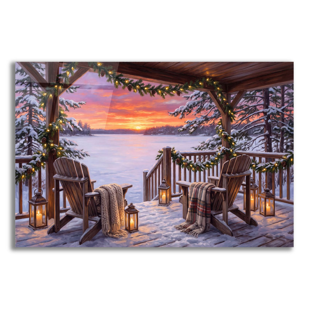 Winter Cabin Garland Lights Icy Lake Sunset by Veve acrylic glass wall art
