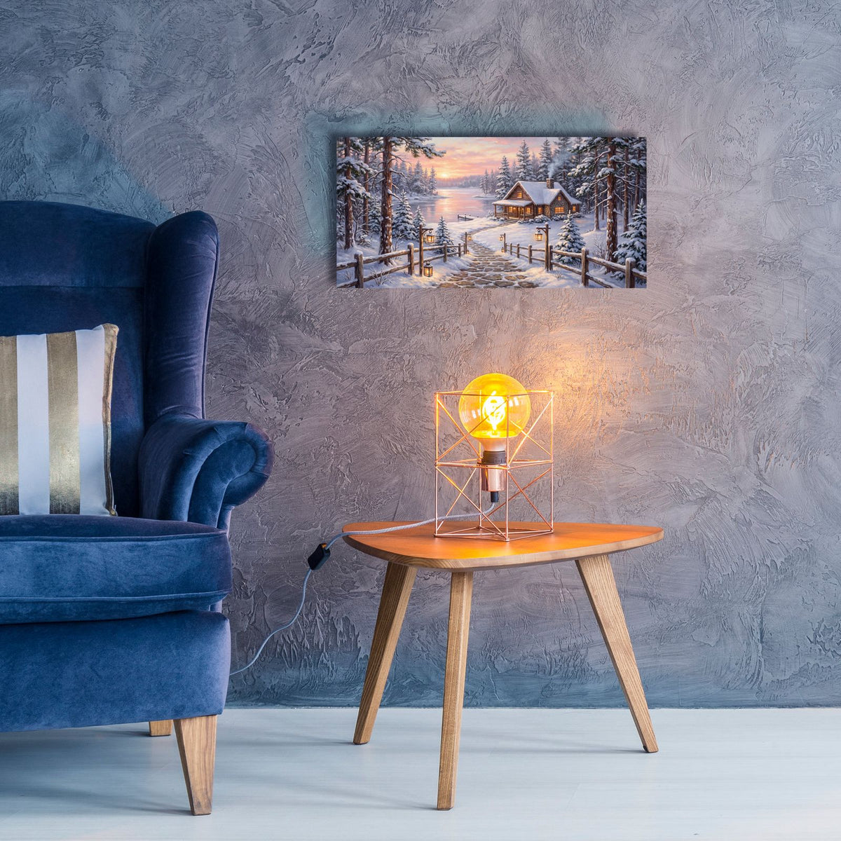 Winter Lake House at Sunrise by Veve - 24x12 acrylic wall art in a room