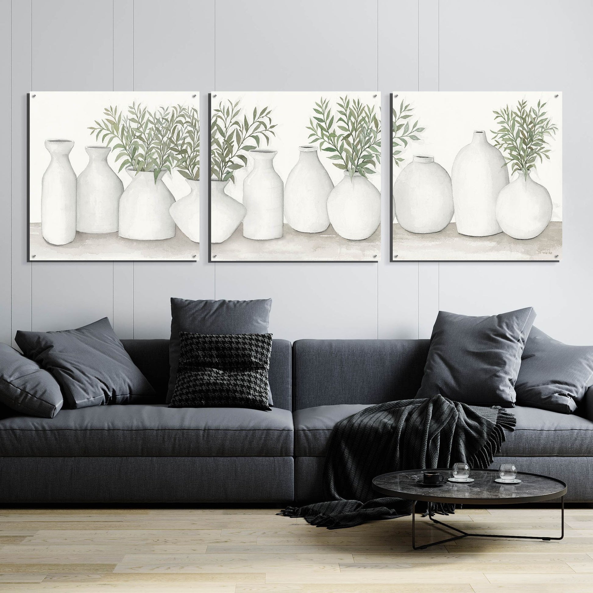 Epic Art 'White Vases Still Life' by Cindy Jacobs, Acrylic Glass Wall Art, 3 Piece Set,108x36