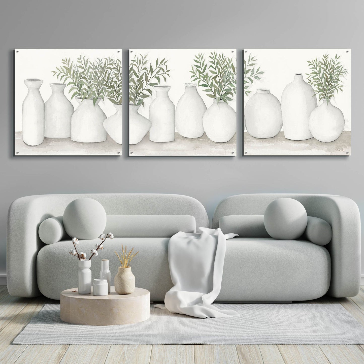 Epic Art 'White Vases Still Life' by Cindy Jacobs, Acrylic Glass Wall Art, 3 Piece Set,108x36