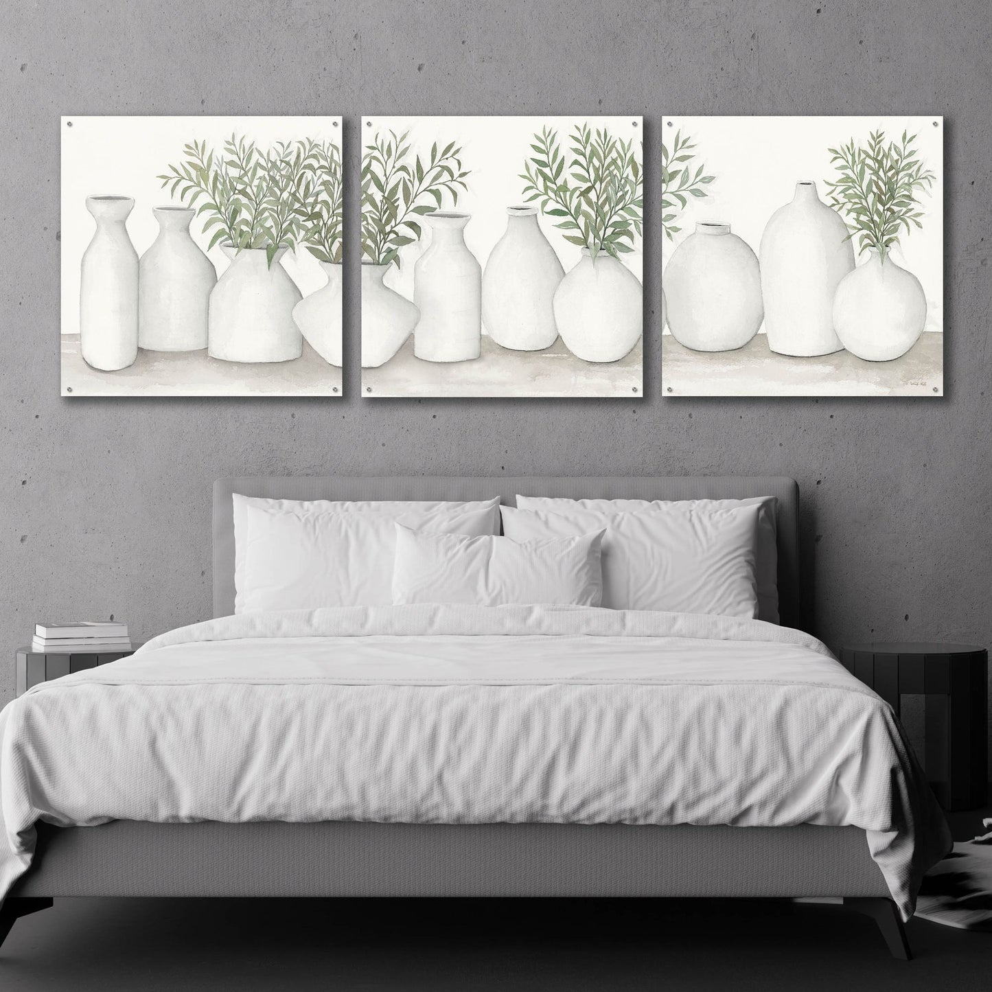 Epic Art 'White Vases Still Life' by Cindy Jacobs, Acrylic Glass Wall Art, 3 Piece Set,108x36