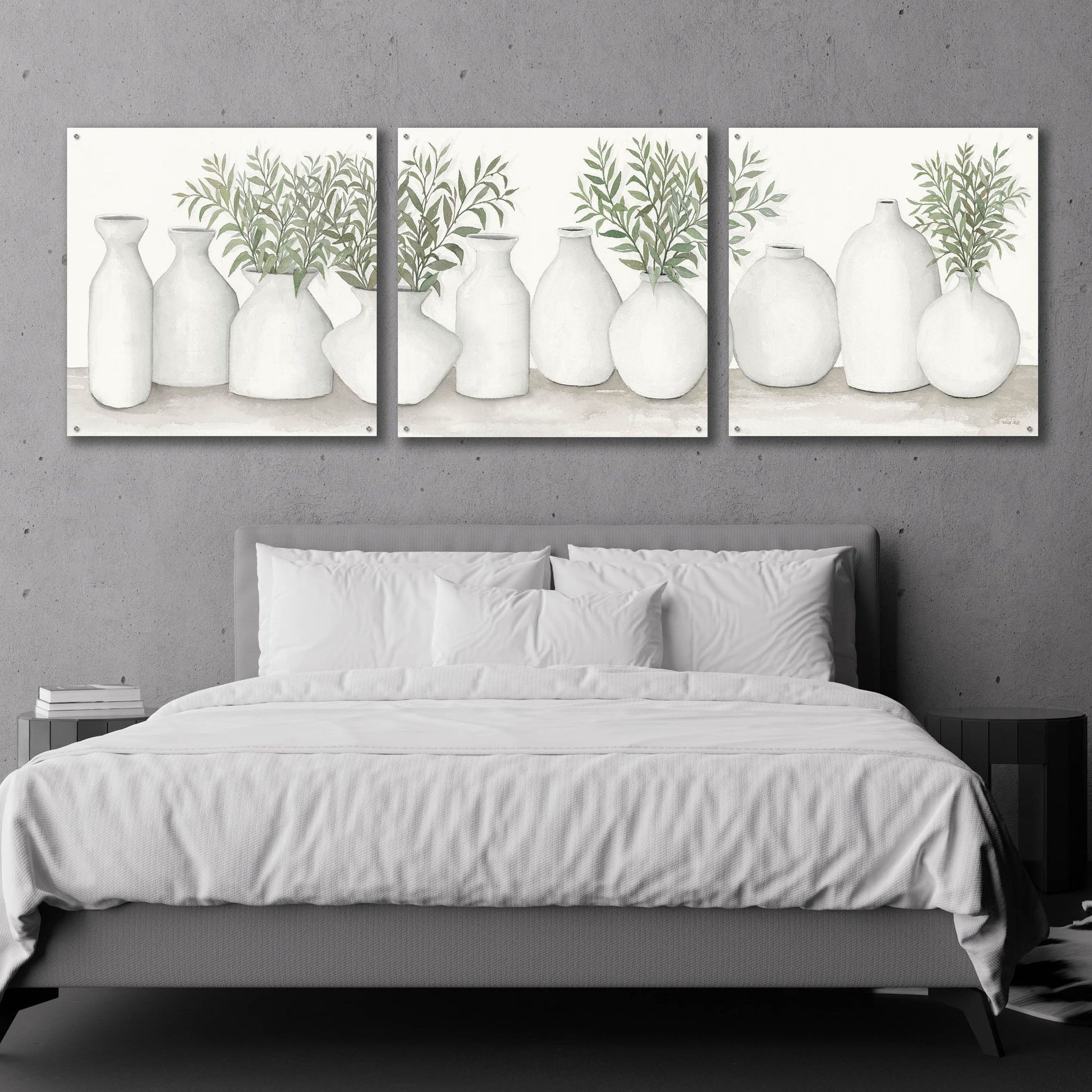 Epic Art 'White Vases Still Life' by Cindy Jacobs, Acrylic Glass Wall Art, 3 Piece Set,108x36